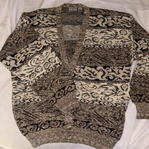 Vtg. Alfani Cotton Linen Cardigan Abstract Pattern Gray Tan BLK Made In Italy XL